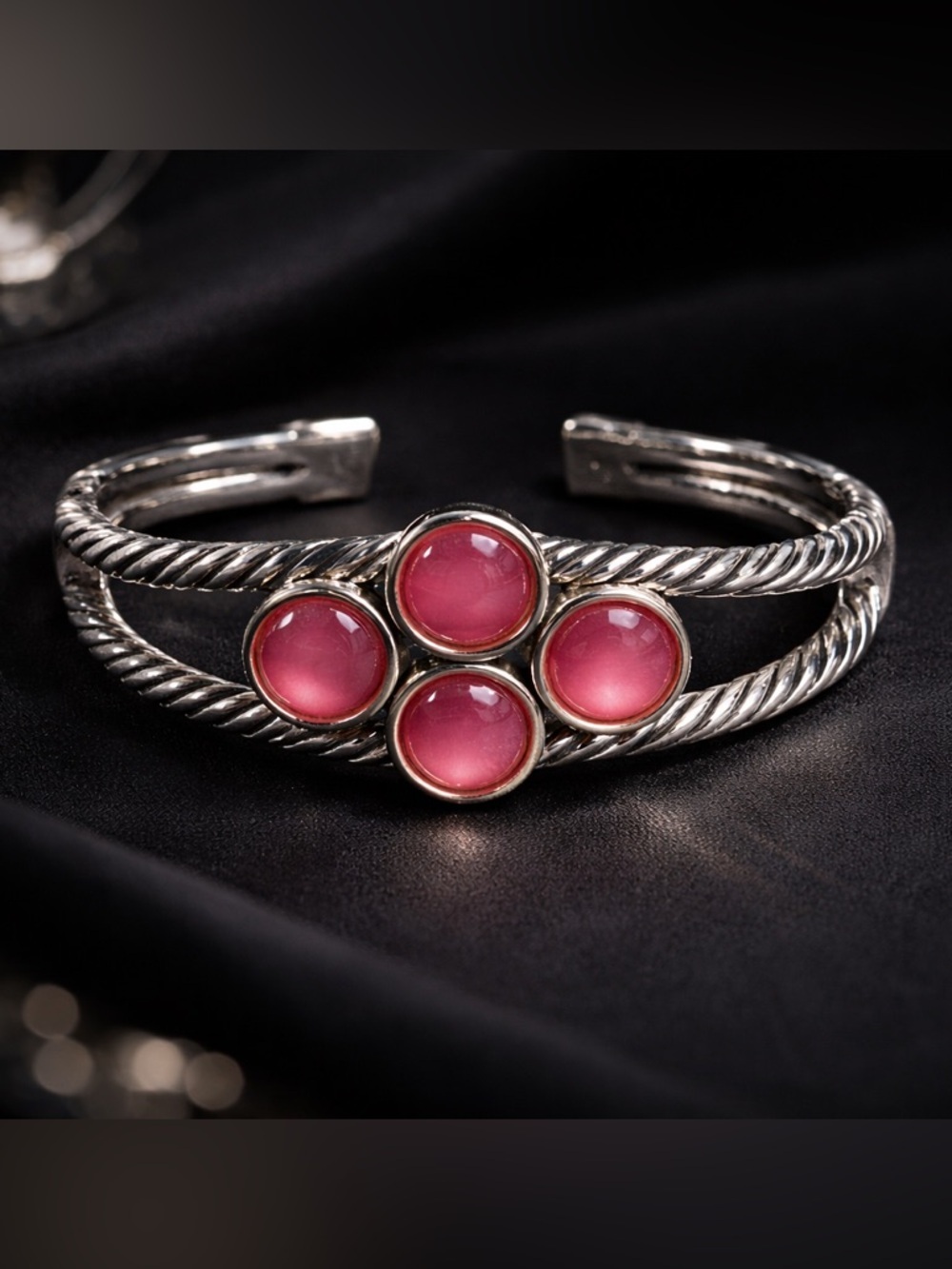 Silver Tone Pink Cabochon Stone Cuff Bracelet Statement